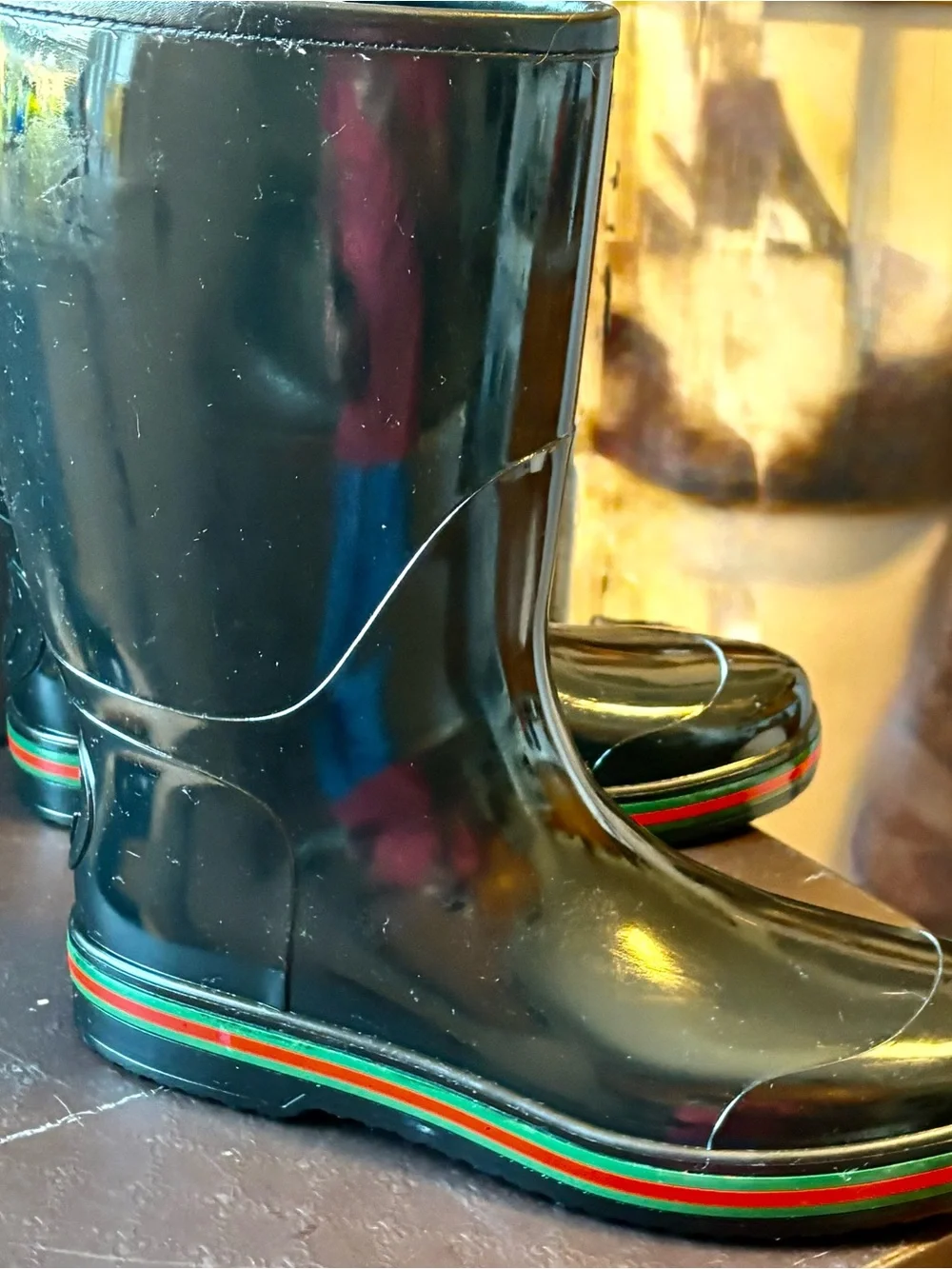 Gucci Black Gloss Rubber Ankle Rain Boots with Red and Green Stripe - Picture 1 of 6